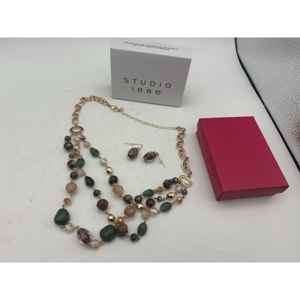 Avon Studio 1886 Ornate Beaded Necklace Earrings Set Green Purple Gold Tone